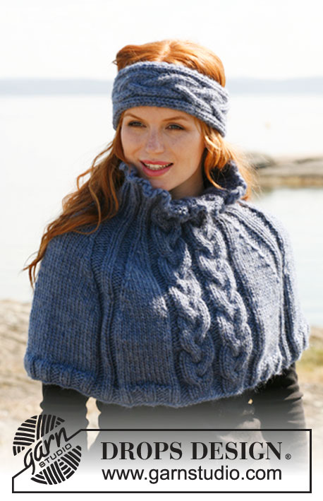 Ice Princess / DROPS 134-24 - DROPS Stirnband und Poncho mit Zopfmuster in ”Andes” oder ”Snow”.   