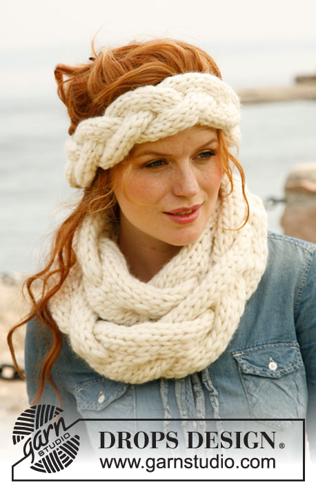Braidy / DROPS 134-7 - Knitted DROPS head band and neck warmer with large cable in ”Polaris”.