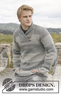 Limestone / DROPS 135-1 - Men's knitted jumper with shawl collar, stripes and moss stitch in DROPS Karisma or DROPS Merino Extra Fine. Size S-XXXL.