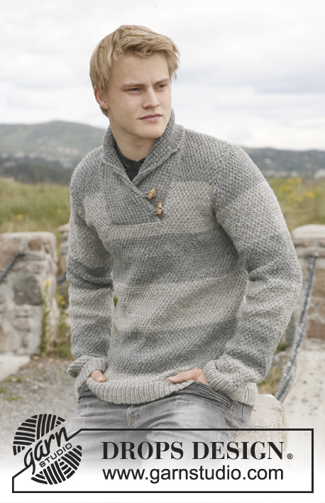 Limestone / DROPS 135-1 - Men's knitted jumper with shawl collar, stripes and moss stitch in DROPS Karisma or DROPS Merino Extra Fine. Size S-XXXL.