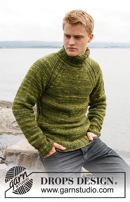 Firenze / DROPS 135-13 - Knitted men's jumper with raglan and high neck, in DROPS Alpaca and DROPS Fabel. Size: S to XXXL.
