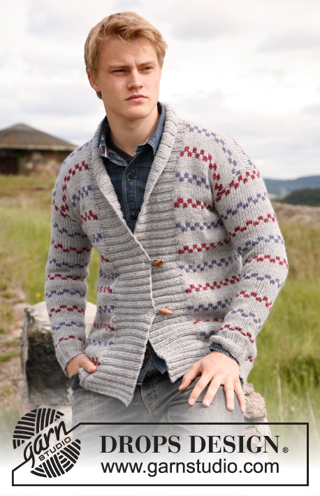 Cedric / DROPS 135-21 - Knitted Pippi jacket for men with shawl collar and sripes, in DROPS Alaska. Sizes S - XXXL. 