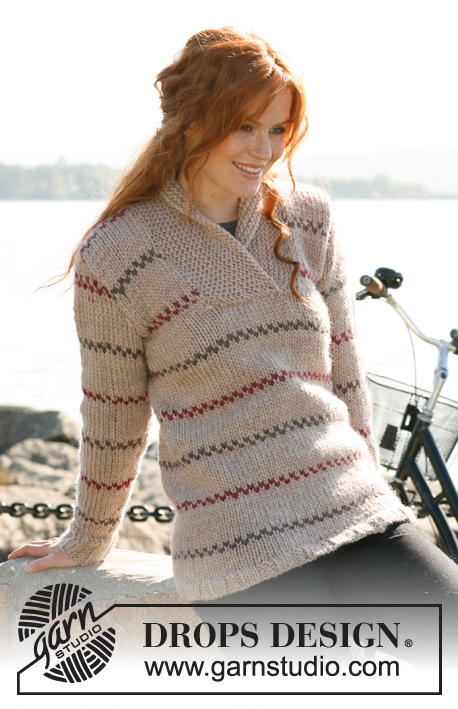 Ginny / DROPS 135-23 - Knitted jumper with stripes and shawl collar in DROPS Snow. Sizes S-XXXL