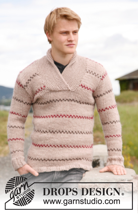 Fisherman / DROPS 135-27 - Knitted Pippi sweater for men with shawl collar and sripes, in DROPS Snow. Sizes S to XXXL.