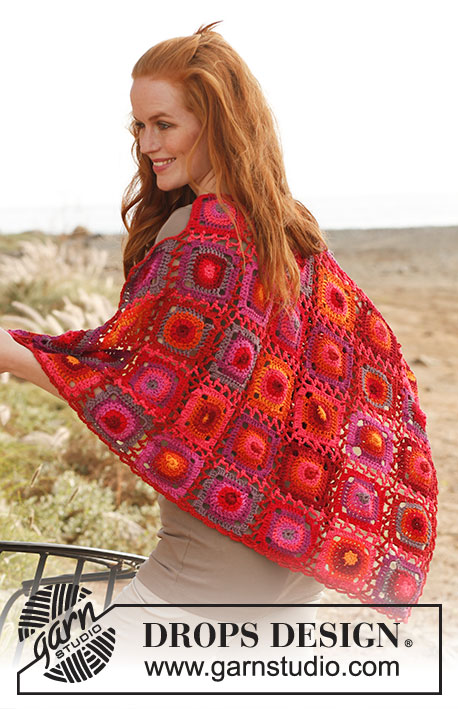 Firenza / DROPS 136-12 - Crochet DROPS shawl with granny squares in ”Muskat”.