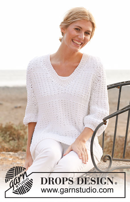 Summer Breeze / DROPS 136-22 - Knitted DROPS jumper with raglan in 1 thread “Ice” or 2 threads “Cotton Light” and V-neck and rib in 2 threads “Cotton Viscose”. Size: S - XXXL.