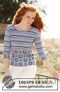 Blues / DROPS 136-23 - Crochet DROPS jumper in ”Safran” and ”Cotton Viscose”. With squares and stripes. Size: S - XXXL.