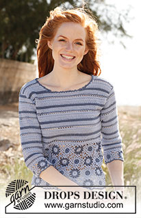 Blues / DROPS 136-23 - Crochet DROPS jumper in ”Safran” and ”Cotton Viscose”. With squares and stripes. Size: S - XXXL.