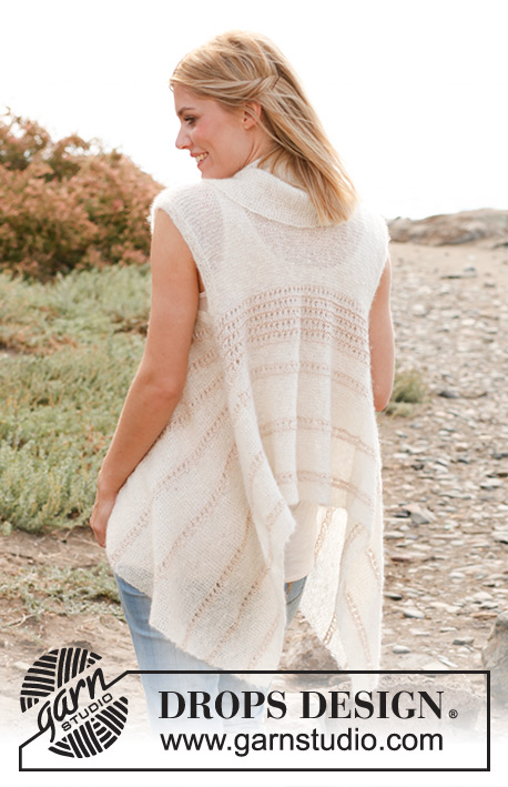 Rays of Sun / DROPS 138-13 - Knitted DROPS vest in garter st in ”Vivaldi” with lace pattern in ”Cotton Viscose”. 
Size: S - XXXL
