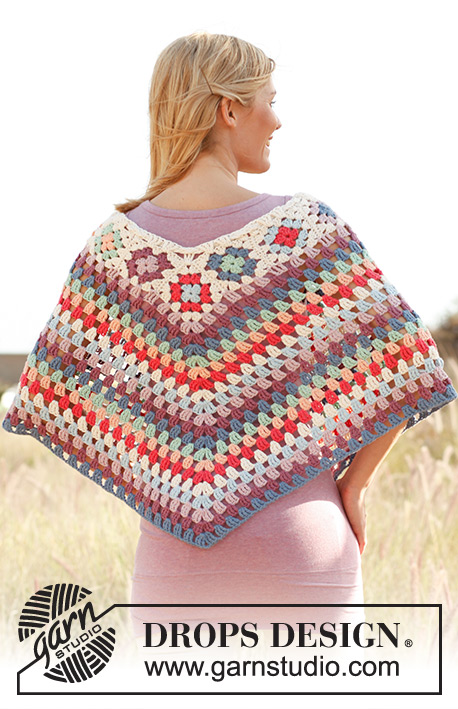 Summer of 69 / DROPS 139-1 - Crochet DROPS poncho with granny squares and dtr-groups in ”Paris”. 