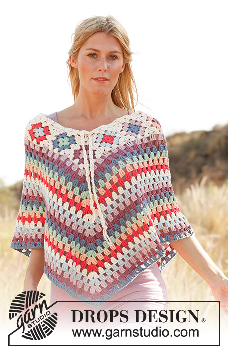 Summer of 69 / DROPS 139-1 - Crochet DROPS poncho with granny squares and tr-groups in ”Paris”. 