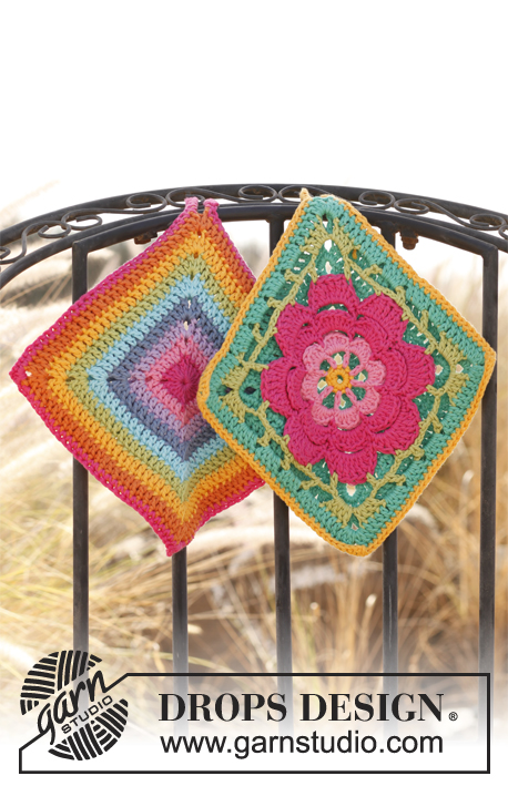 Kitchen Wiz / DROPS 139-35 - Set consists of: Crochet DROPS pot holder with flower in “Paris” and Pot holder with rainbow stripes in “Paris”.