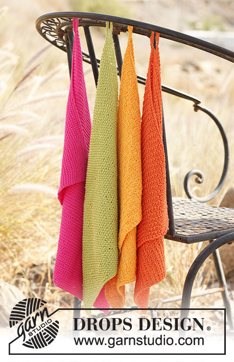 Summer Spices / DROPS 139-37 - Kootud erineva tekstuurimustriga käterätikud lõngast DROPS Safran või DROPS♥You #7. Komplekt: 4 erinevat rätikut.
