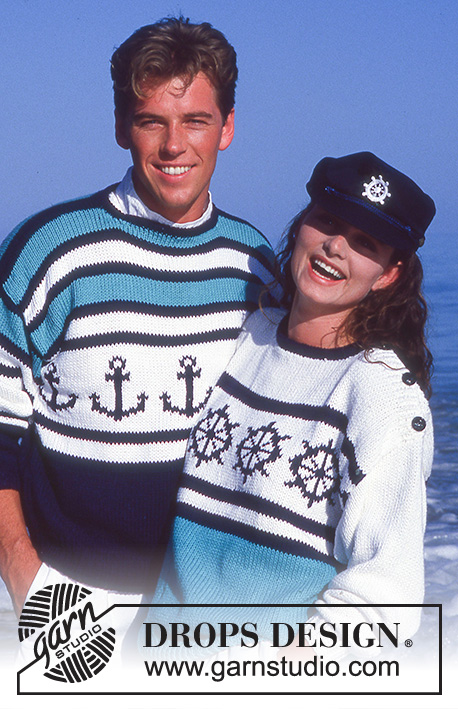 Ahoy Mates! / DROPS 14-4 - Sweter na drutach, w stylu marynistycznym, z włóczki DROPS Paris. Wersja damska i męska. Od S do L.