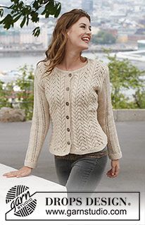 Champagne / DROPS 140-1 - Knitted DROPS jacket with cables and lace pattern in ”Lima”. Size: S - XXXL.