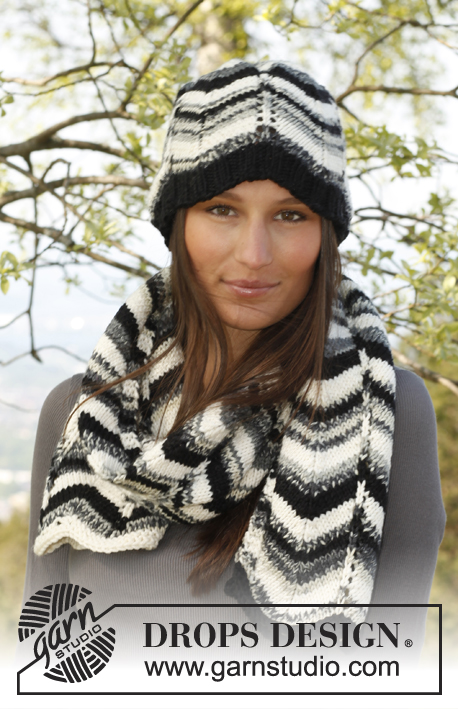 Salt and Pepper Set / DROPS 140-32 - Knitted DROPS hat and scarf with stripes and zigzag pattern in 1 thread ”Big Fabel” or 2 threads Fabel.