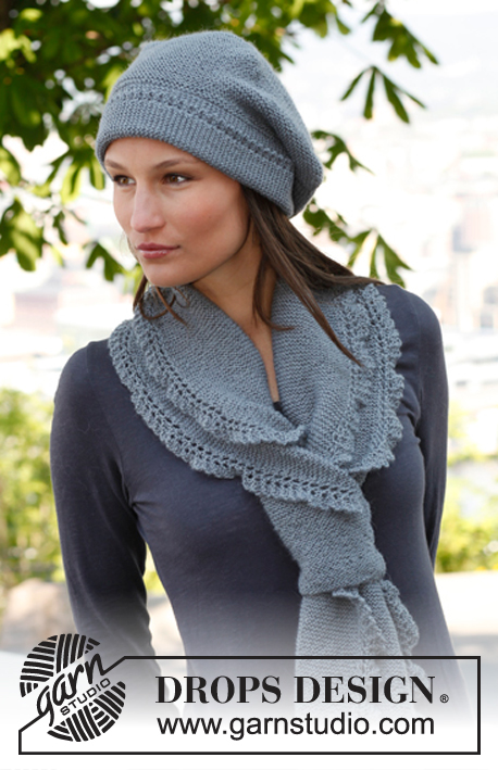 Emily / DROPS 140-38 - Knitted DROPS beret and scarf in garter st with lace edges in ”BabyAlpaca Silk”.