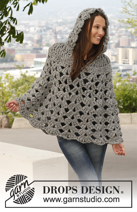 Raffinement / DROPS 140-44 - Crochet DROPS poncho with hood in 1 thread ”Polaris” or 2 threads Cloud. 
Size: S - XXXL.