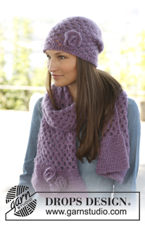 Hazel / DROPS 141-13 - Set consists of: Crochet DROPS hat and scarf in 2 threads Vivaldi or Brushed Alpaca Silk.