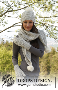Veronica / DROPS 141-23 - Knitted DROPS mittens, hat and scarf with textured pattern in Nepal, pompoms in Vienna. 