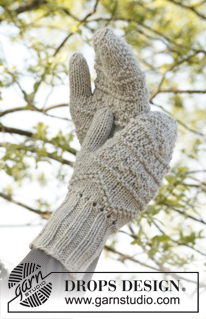 Veronica / DROPS 141-23 - Knitted DROPS mittens, hat and scarf with textured pattern in Nepal, pompoms in Vienna. 