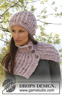Kate / DROPS 141-34 - Knitted DROPS hat and neck warmer in English rib with buttons in ”Snow”.