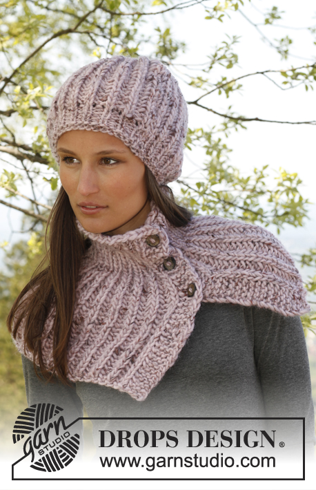Kate / DROPS 141-34 - Knitted DROPS hat and neck warmer in English rib with buttons in ”Snow”.