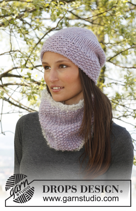 Lilac Pearl / DROPS 141-38 - Set consists of: Knitted DROPS neck warmer in ”Snow” and ”Puddel” and hat in ”Snow”.