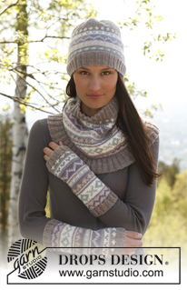 Ulrika Set / DROPS 142-10 - Set consist of: Knitted DROPS wrist warmers, hat and neck warmer with pattern borders in Karisma. 

