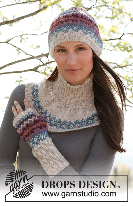 Bergen Set / DROPS 142-2 - Knitted DROPS hat, neck warmer and wrist warmers with Norwegian pattern in ”Alpaca”. 
