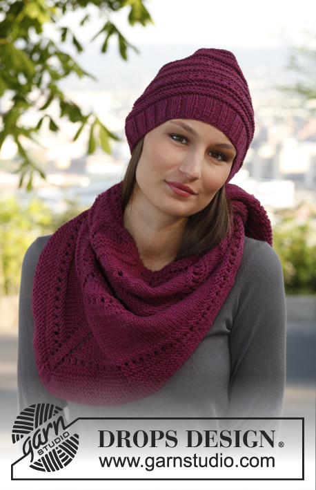Aubergine / DROPS 142-29 - Knitted DROPS hat and shawl with simple textured pattern in ”Karisma”.