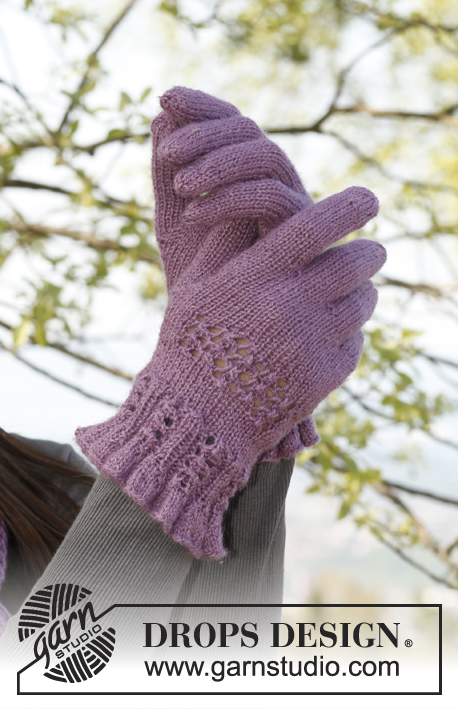 Delilah / DROPS 142-3 - Gebreide DROPS muts, sjaal en handschoenen met kantpatroon van ”BabyAlpaca Silk”.
