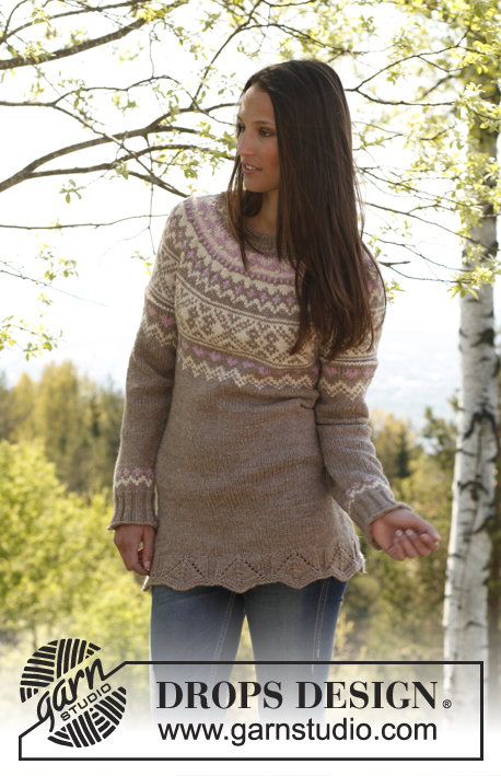 Elena / DROPS 143-15 - DROPS pulovr se vzorovaným kruhovým sedlem a dlouhým rukávem pletený z příze Nepal. 