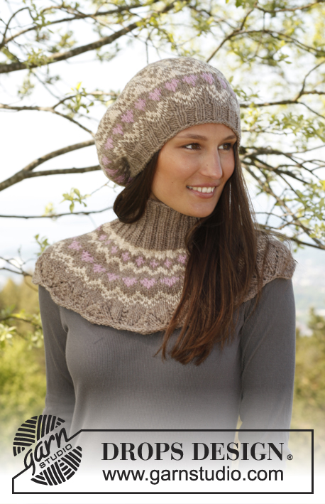 Dear Heart / DROPS 143-16 - Knitted DROPS beret and neck warmer with pattern in ”Nepal”.
