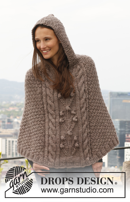 Lulu / DROPS 143-18 - Knitted DROPS poncho with cables and textured pattern in ”Snow”. Size: S - XXXL.