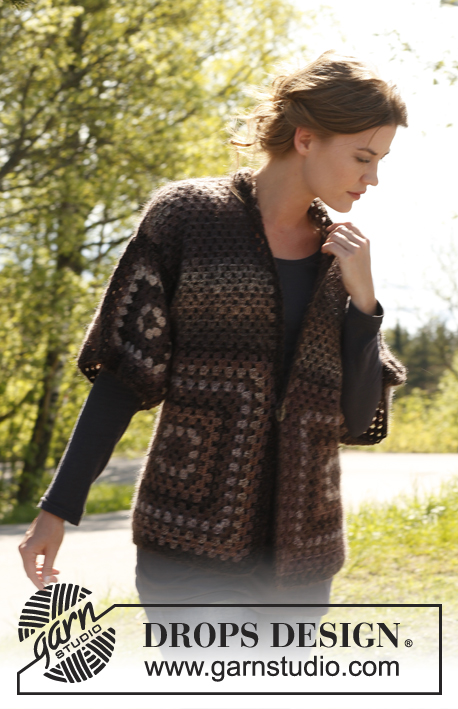 Arabica / DROPS 143-22 - Crochet DROPS jacket with granny squares in ”Delight”, “Fabel and “Kid-Silk”. Size: S - XXXL.