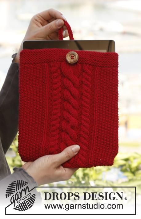 I-baggie / DROPS 144-10 - Knitted DROPS tablet case with cables and seed st in “Lima.”