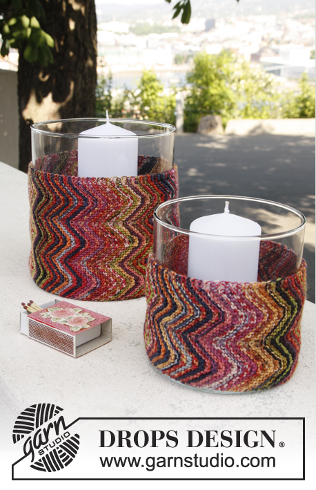 Candle Color / DROPS 144-3 - Strikkede DROPS lystrekk til glassvaser i Fabel med striper og sikksakk-mønster