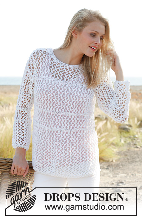 Everyday / DROPS 145-12 - Knitted DROPS jumper with lace pattern in Bomull Lin or Paris. Size: S - XXXL.
