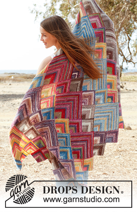 Moroccan colors / DROPS 145-24 - Knitted DROPS blanket with domino squares in Fabel. 
