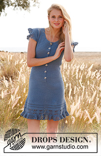 Campanula / DROPS 145-9 - Crochet DROPS dress with buttons at the front and flounce in ”Safran”. Size S-XXXL 