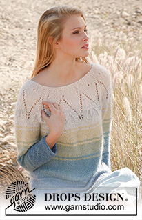 Blue Lagoon / DROPS 146-9 - Knitted DROPS jumper with stripes, round yoke and ¾ sleeves in BabyAlpaca Silk and Kid-Silk. Size: S - XXXL.