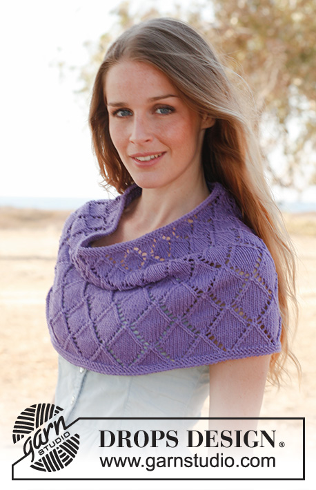 Lillac / DROPS 147-34 - Knitted DROPS shoulder warmer with lace pattern in ”Cotton Light”. Size S-XXXL