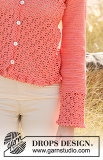 Peach blossom / DROPS 147-38 - Crochet DROPS jacket with lace pattern and flounce at the bottom in ”Safran”.  Size S - XXXL