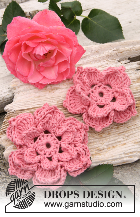 Rosa / DROPS 147-45 - Crochet DROPS rose flowers in ”Safran”.