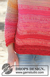 Candy / DROPS 147-8 - Knitted DROPS jumper in garter st with dropped sts and ¾ sleeves in 2 threads Safran. Size: S - XXXL.