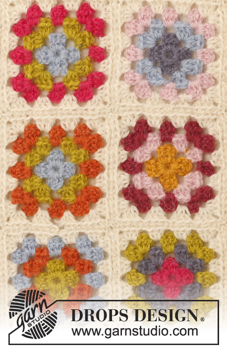 Summer Patchwork / DROPS 147-9 - Veste DROPS au crochet, manches  ¾ et carrés granny , en  ”Alpaca”. Du  S au XXXL