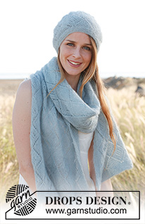 Cascade / DROPS 148-18 - Knitted DROPS scarf and hat with lace pattern in ”Kid-Silk”. 