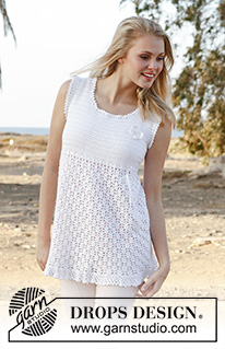 Yasmin / DROPS 148-9 - Crochet DROPS tunic with lace pattern, flounce at the bottom and butterfly for decoration in ”Cotton Viscose”.  