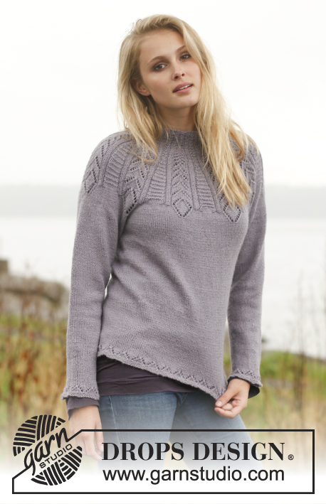 Lady Feather Sweater / DROPS 149-29 - Sweter DROPS z zaokrąglonym ażurowym karczkiem, z włóczki „BabyAlpaca Silk”. Od S do XXXL.